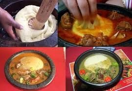 Collage of African cuisine dishes with dough preparation and soups.